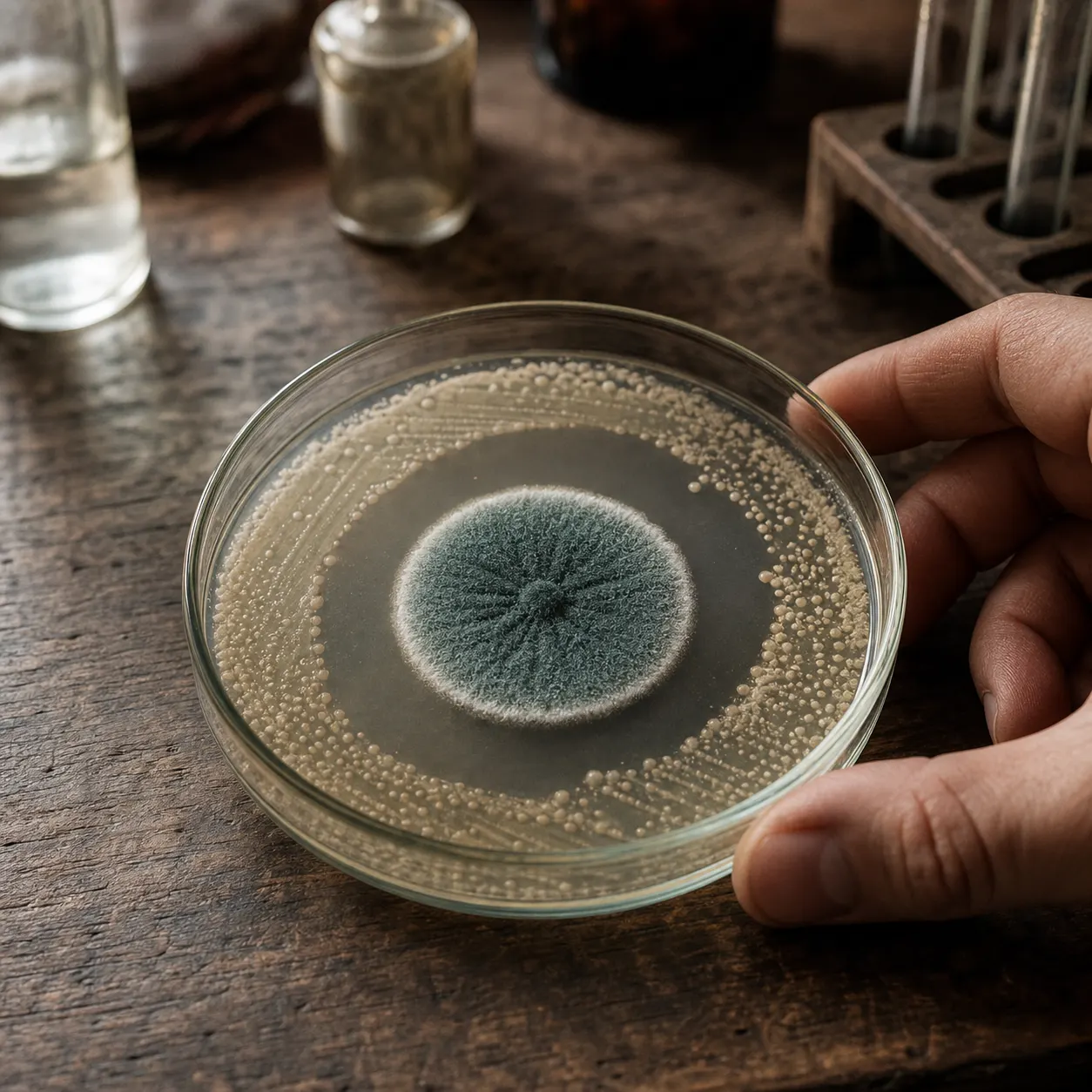 Illustrative macro scene of a laboratory culture dish showing a clear inhibition zone.