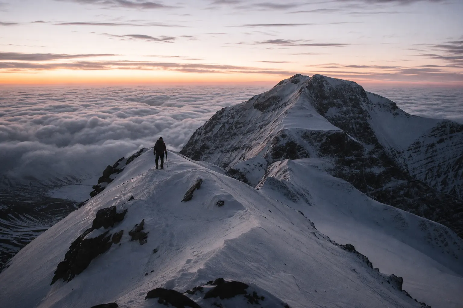 Illustrative distant view of a mountaineer reaching a snowy ridge.