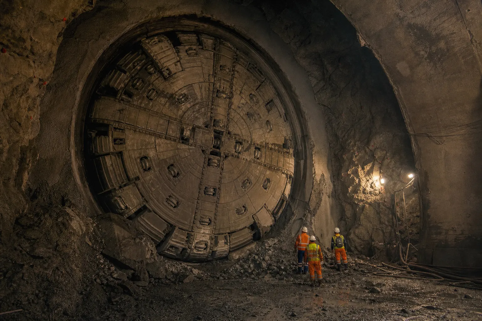 Illustrative documentary scene of an engineering crew at a tunnel breakthrough.